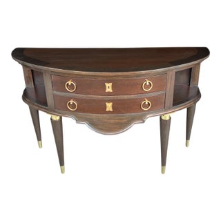 Vintage Demilune Console Table With Brass Accents and Storage Drawers For Sale