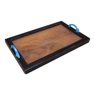 1930's American Art Deco Forest River Landscape Motif Pyrograph Glass Covered Serving Tray With Bakelite Handles For Sale