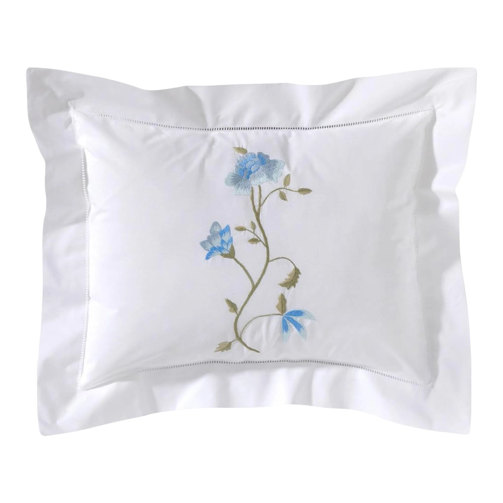 Boudoir Pillow Cover, Embroidered With Hem Stitch Floral Vine (Blue