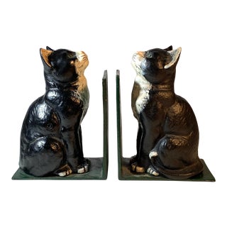 Vintage Heavy Painted Black Cat Cast Iron Bookends - Pair For Sale