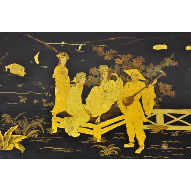 Vintage Chinoiserie Oriental Black Lacquer Gold Gilt Trestle Bench Coffee Table For Sale - Image 4 of 12