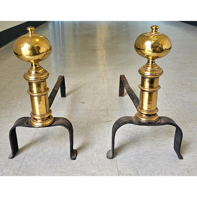 American Pair 18th Century Early American Brass and Iron Canon Ball Andirons For Sale - Image 3 of 8