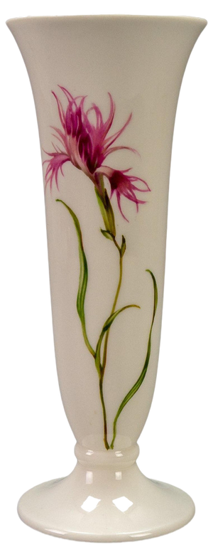 German White Porcelain Vase with Pink Feather Carnation Flower by Hutschenreuther, 1950s