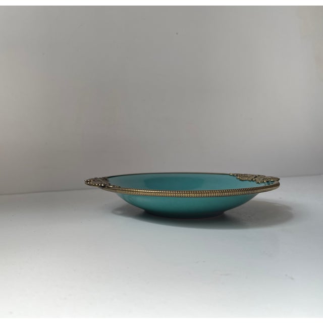 Ceramic Art Deco Ceramic Dish in Turquoise Green Glaze & Brass from Christian Jensen, 1930s For Sale - Image 7 of 9