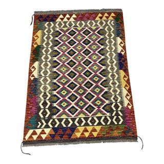4'2" X 5'10" Multicolor Afghan Chobi Geometric Wool Flatweave Kilim Rug For Sale