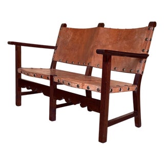 Walnut Leather Brown Spanish Sofa, Bench 18th Century Baroque Cordoba Ironwork For Sale