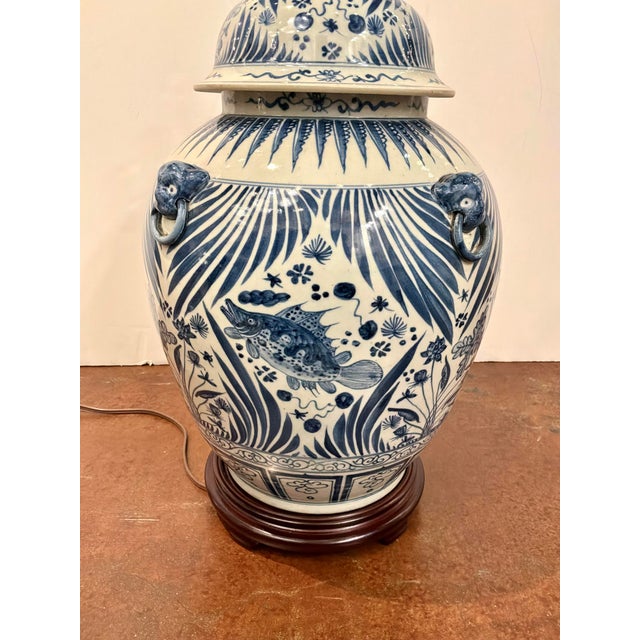 Ceramic Large Porcelain Jar Lamp Blue & White Glaze. For Sale - Image 7 of 7