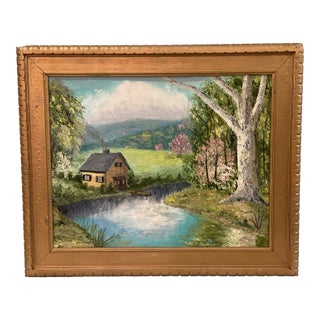 Vintage American Impressionist Original Oil Painting Pink Trees Lakeside Cottage Floral Forest For Sale