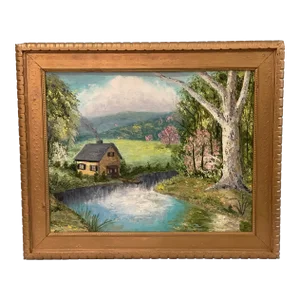 Vintage American Impressionist Original Oil Painting Pink Trees Lakeside Cottage Floral Forest