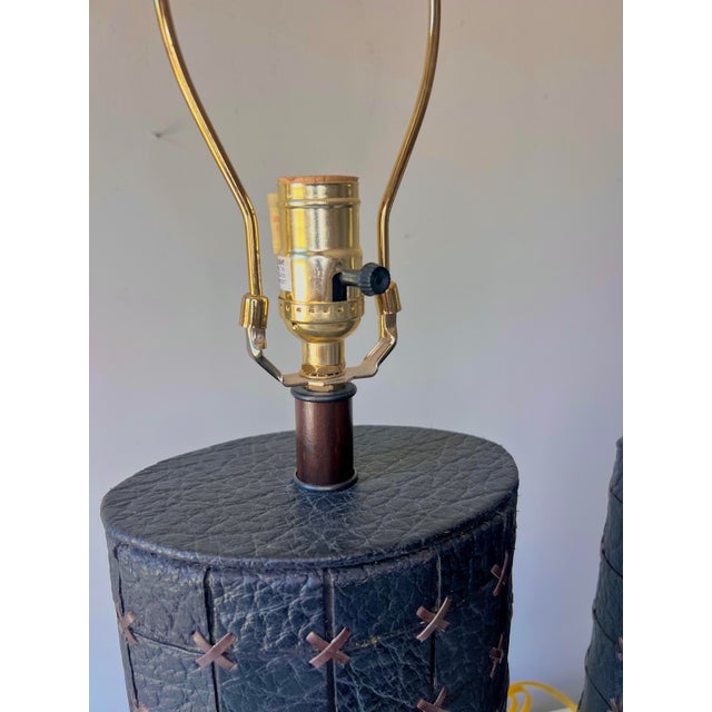 Vintage Black Leather Patchwork Cross Stitch Table Lamps; A Pair For Sale In Charleston - Image 6 of 9
