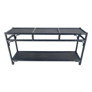 Black Lacquer Bamboo Rattan 60" Long Console Sofa Table Bloomingdale's MINT! For Sale