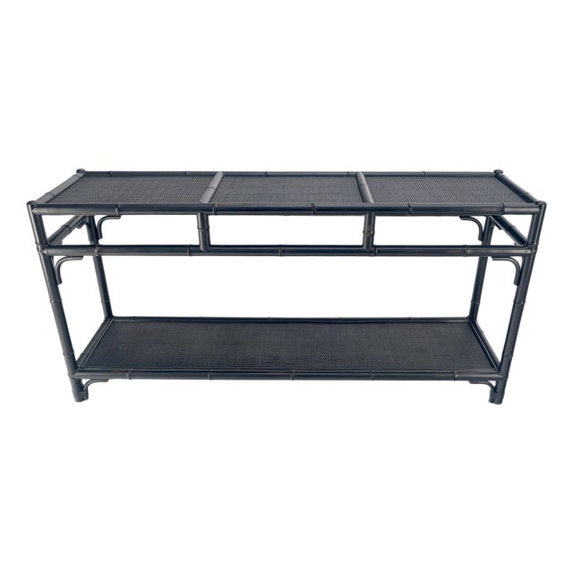 Black Lacquer Bamboo Rattan 60" Long Console Sofa Table Bloomingdale's MINT! For Sale