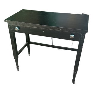 Simple Black Vintage Desk on Wheels With Turquoise and Silver Knobs For Sale
