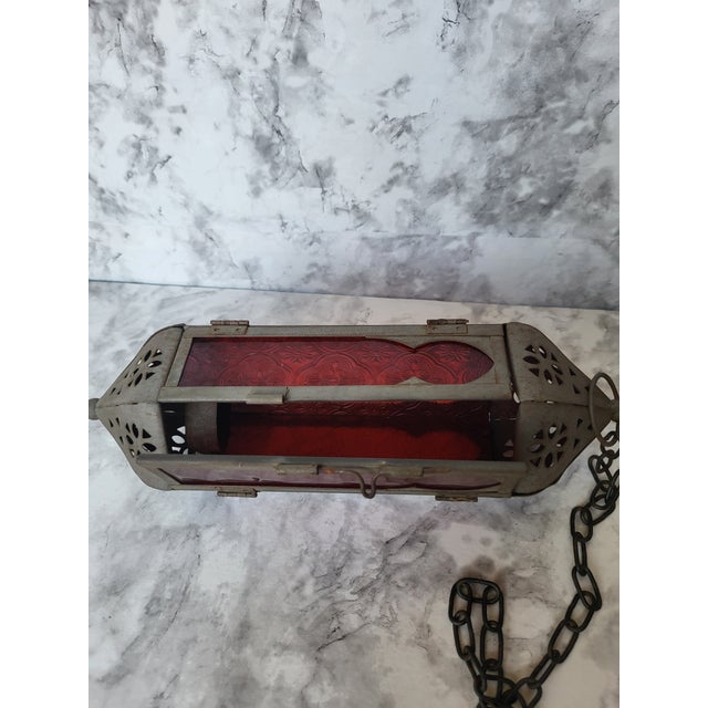 1990s 1990s Metal Moroccan Red Glass Lantern For Sale - Image 5 of 9