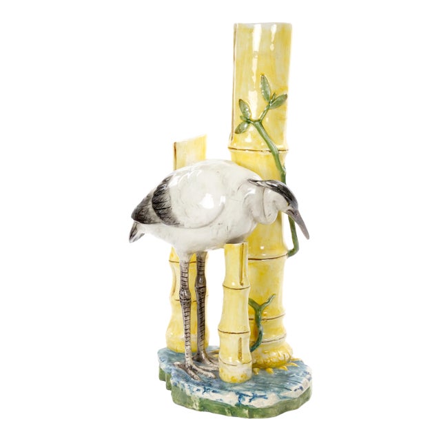 Mid-Century Modern Italian Hand-Painted Majolica Heron Figurative Sculpture For Sale