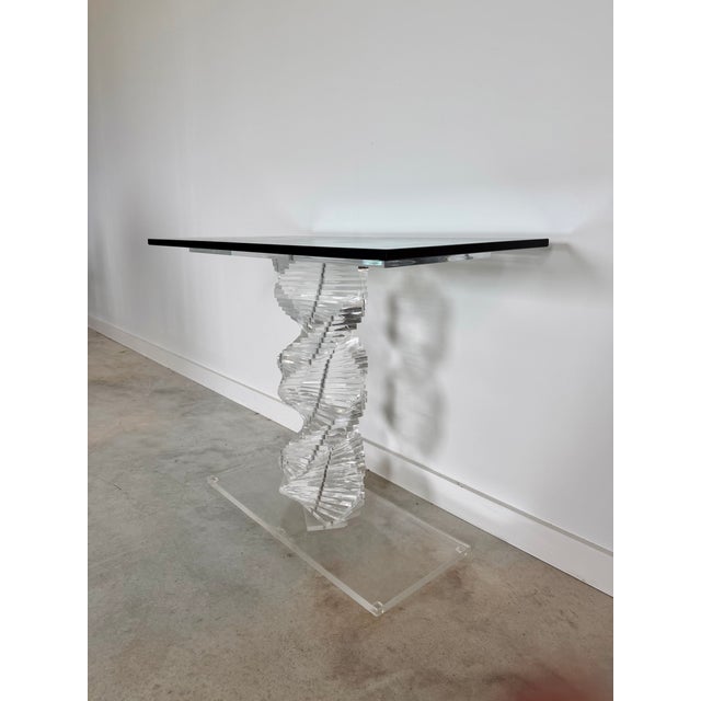Transparent Lucite Helix Console Table With Custom Glass Top, Post Modern 1980s Handmade For Sale - Image 8 of 17
