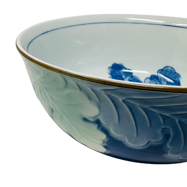 Blue Vintage Japanese Ryusen Cobalt Blue Relief Porcelain Turnip Bowl For Sale - Image 8 of 13