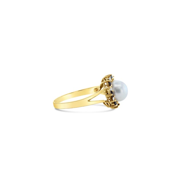 Contemporary Pearl Ring with Diamond Sapphire Halo Ring 14k Yellow Gold, Size 8.5 For Sale - Image 3 of 5