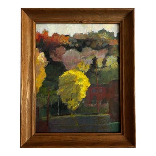 Vintage Framed Landscape Oil Painting With Trees and Architecture For Sale