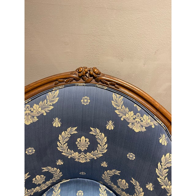 Wood Antique French Petite Bergere Covered in Neoclassical Design Fabric For Sale - Image 7 of 11