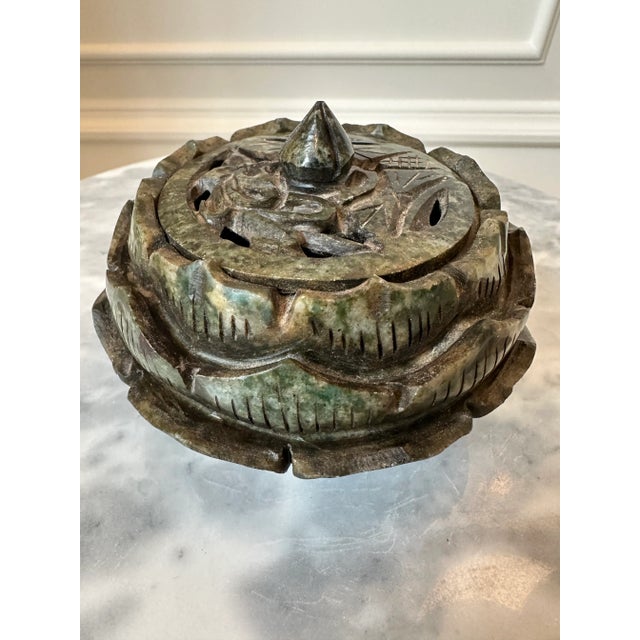 Early 20th Century Antique Stone Lotus Incense Burner With Lid For Sale - Image 5 of 12