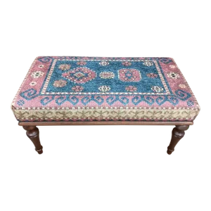 Handmade Cerulean Printed Rug Fabric Upholstered Wooden Leg Bench