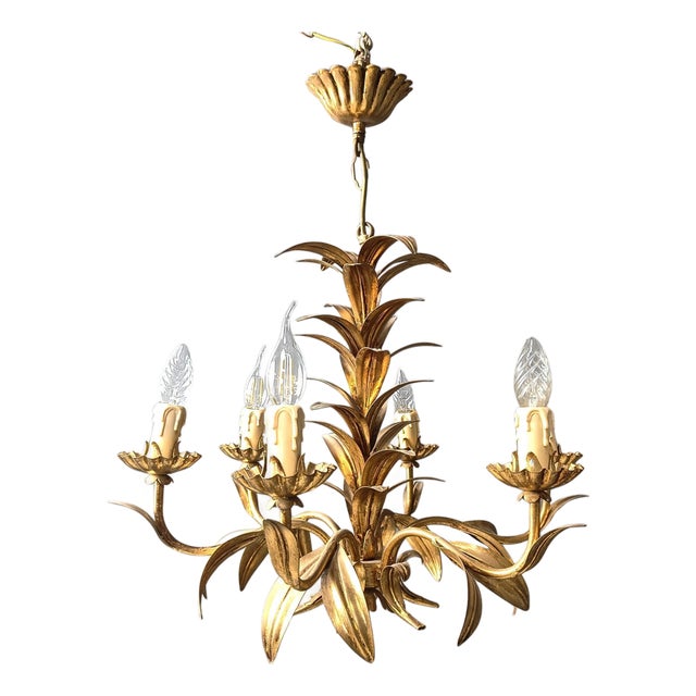 Vintage Gilt Metal Pineapple Leaf Chandelier, 1960s For Sale