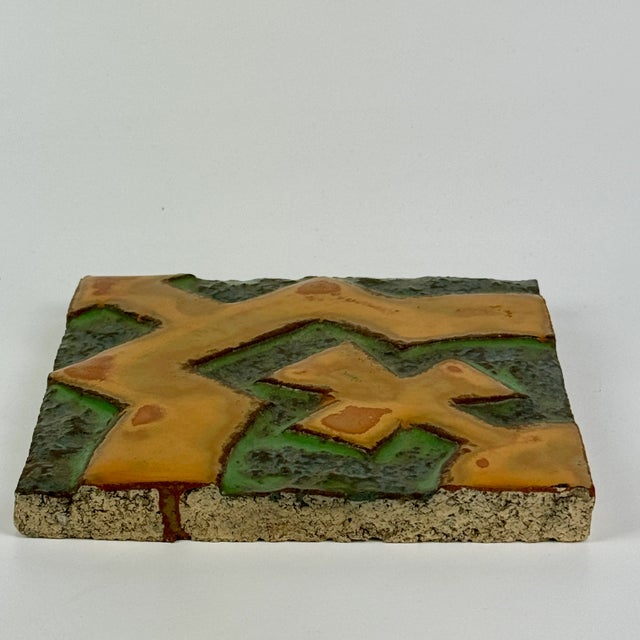 1960s Early 20th Century Decorative American Encaustic Tile (Aetco) With Modern Design in Orange-Yellow & Green For Sale - Image 5 of 8
