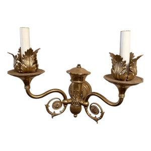 Antique French Gilt Brass Wall Sconce 2 Light Candelabra Acantus Leaf