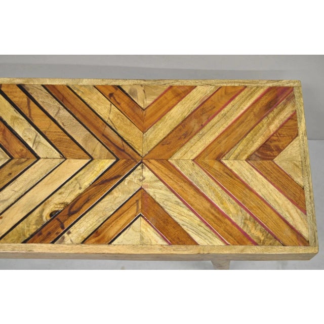 Early 21st Century Modern Slatted Wood 48" Geometric Inlay Rustic Farmhouse Coffee Table Bench For Sale - Image 5 of 11