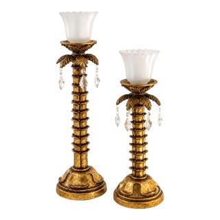 Vintage Gold Palm Tree Candle Holders With Crystal Prisms – Pair For Sale