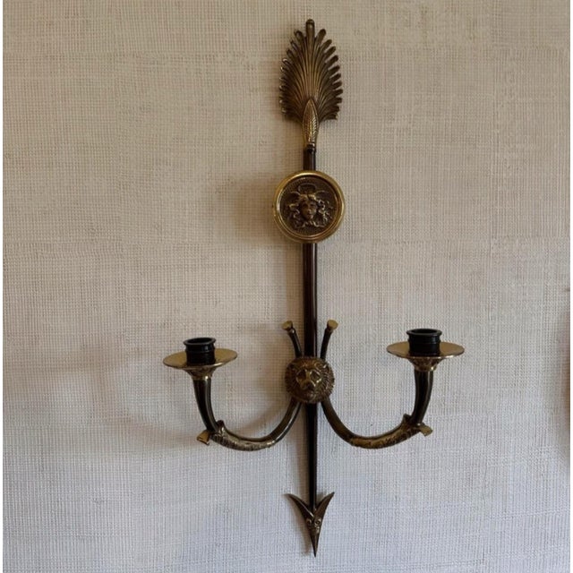 Art Deco Pair of Neoclassical Versace-Style Brass Medusa and Lion Head Sconces For Sale - Image 3 of 12