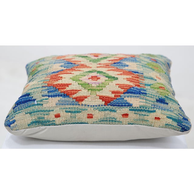 Tribal Arteverk Handwoven Afghan Kilim Pillow — Blue & Green Diamond Medallion For Sale - Image 3 of 3