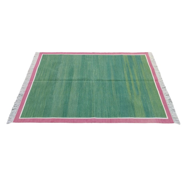 Cotton Vegetable Dyed Green and Raspberry Pink Striped Reversible Rug - 10'x14' These special flat-weave dhurries are...