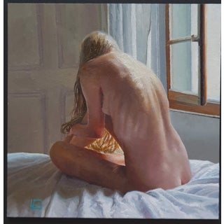 Solitude II by Linda Delahaye | Oil on Artefex panel nude figure seated by a window For Sale