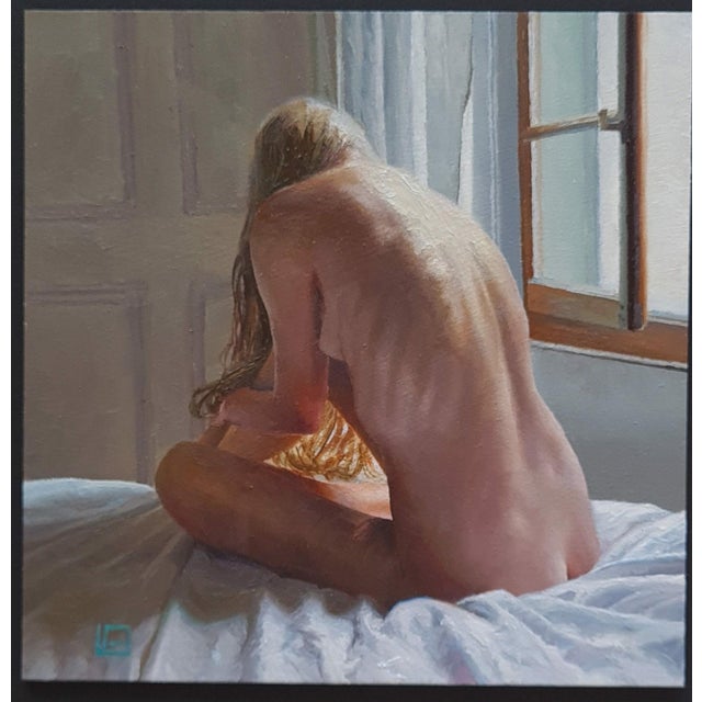 Solitude II by Linda Delahaye | Oil on Artefex panel nude figure seated by a window For Sale