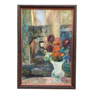 Vintage Mid Century Abstract Impressionist Still Life Oil Painting