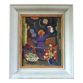 Mid-Century Modern 'She Who Reaches' Vintage Original Swedish Expressive Interior Figurative Oil Painting, Framed For Sale
