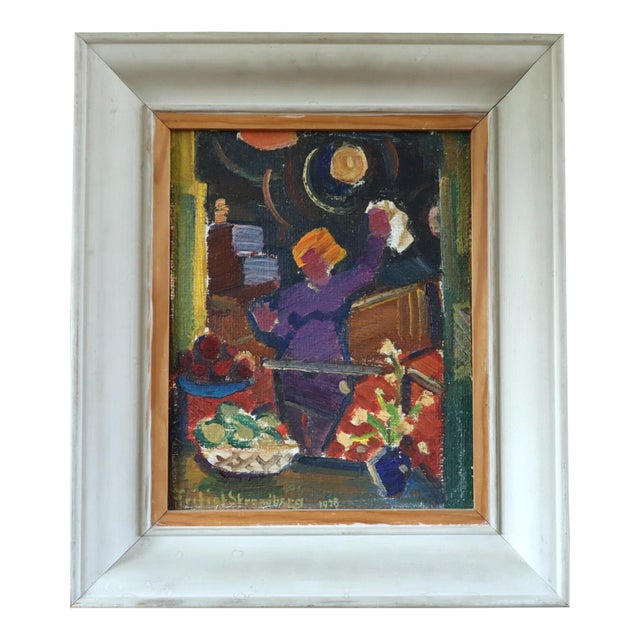 Mid-Century Modern 'She Who Reaches' Vintage Original Swedish Expressive Interior Figurative Oil Painting, Framed For Sale