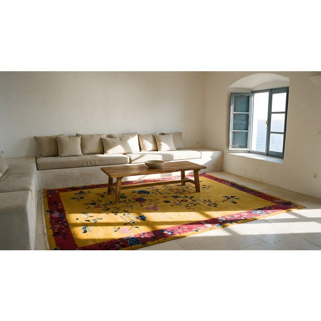 1920s Canary Yellow Floral Sprays Antique Chinese Art Deco Carpet 6'2" X 8'8" Knotted Wool Rug For Sale - Image 11 of 12