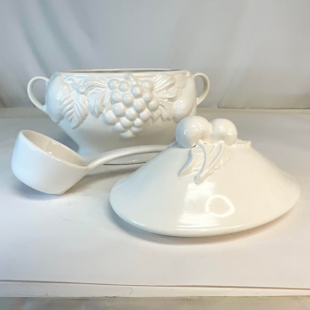 Vintage Hollywood Regency Ironstone Soup Tureen With Fruit Motif - 3 Piece Set. For Sale - Image 12 of 12