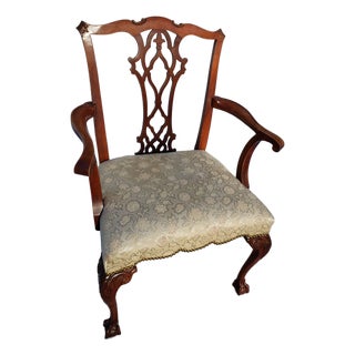 1920s Chippendale Style Dining Room Arm Chair Ivory Brocade Seat Ball & Claw For Sale