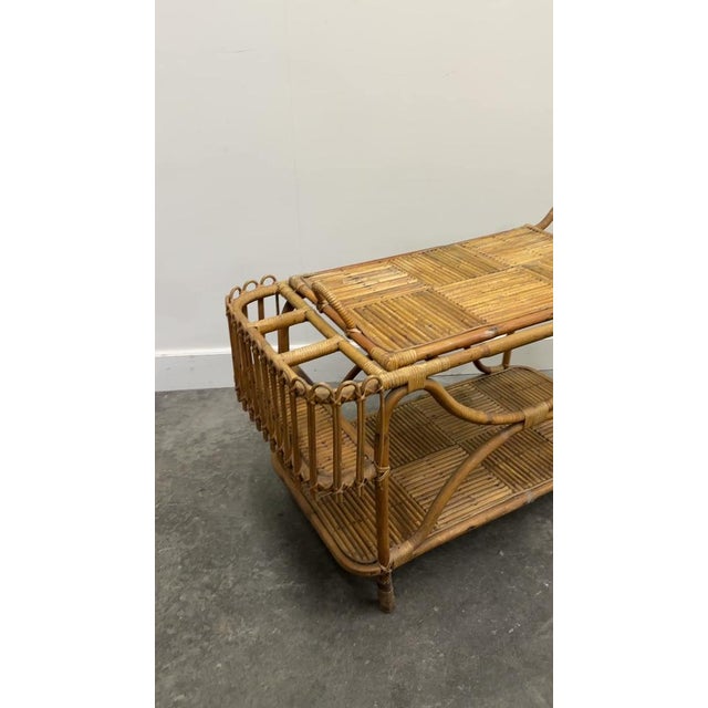 Large French Riviera Rattan Bar Cart with Bottle Holder, 1960s For Sale - Image 13 of 14