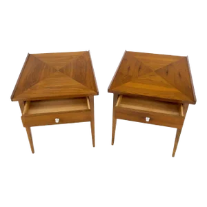 Pair of Walnut Rolled Edges Square One Drawer Tapered Legs End Side Tables Stand