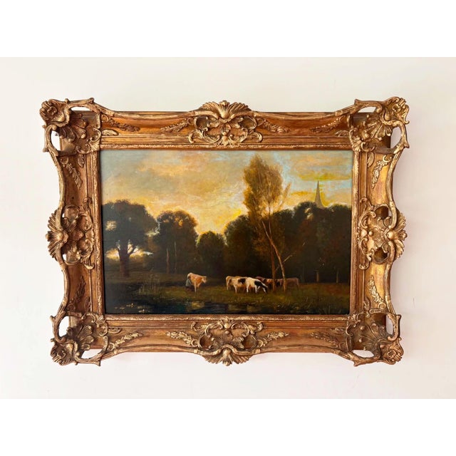 Cows at Sunset Pastoral Landscape, Oil Painting on Wood Panel, Framed For Sale - Image 8 of 9