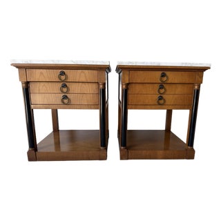 Baker Hollywood Regency Cherry Wood & Marble Top Nightstands – A Pair For Sale