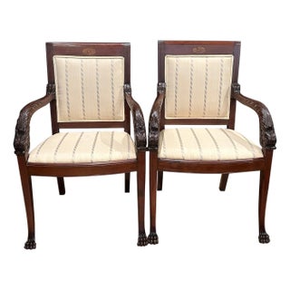 Early 20th Century Pair Of Carved Mahogany Dolphin Form Armchairs For Sale