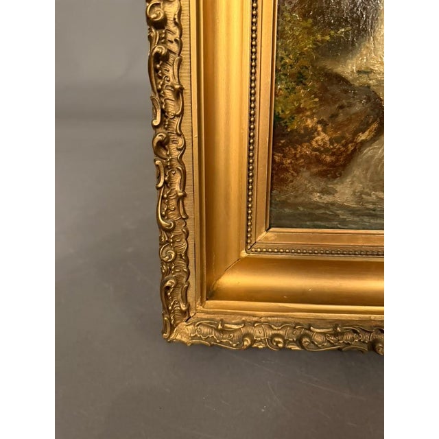 19th Century European Alpine Landscape Oil on Board With Hand-Carved Gilt Frame, Circa 1870 For Sale - Image 4 of 13