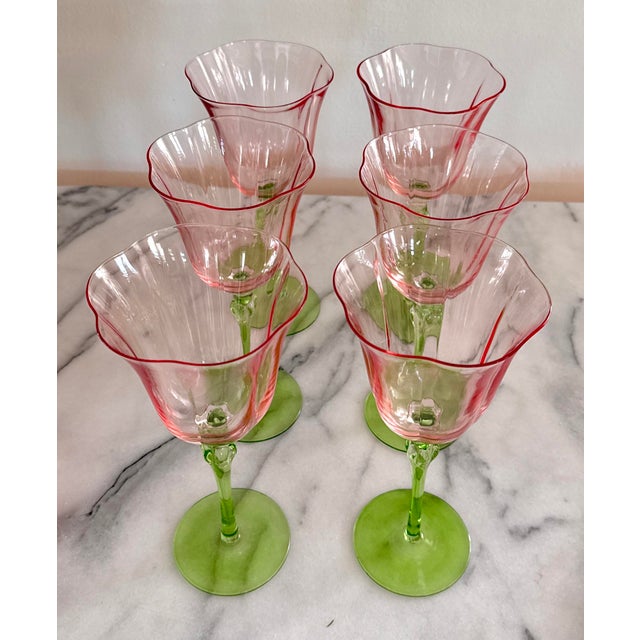 Late 20th Century Late 20th Century Pink and Green Hand-Crafted Wine Glasses - Set of 6 For Sale - Image 5 of 10