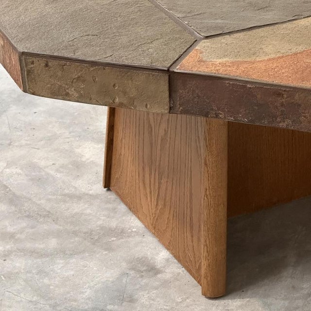 Wood Large Vintage Brutalist Slate Mosaic Coffee Table with Oak Pedestal Base For Sale - Image 7 of 16